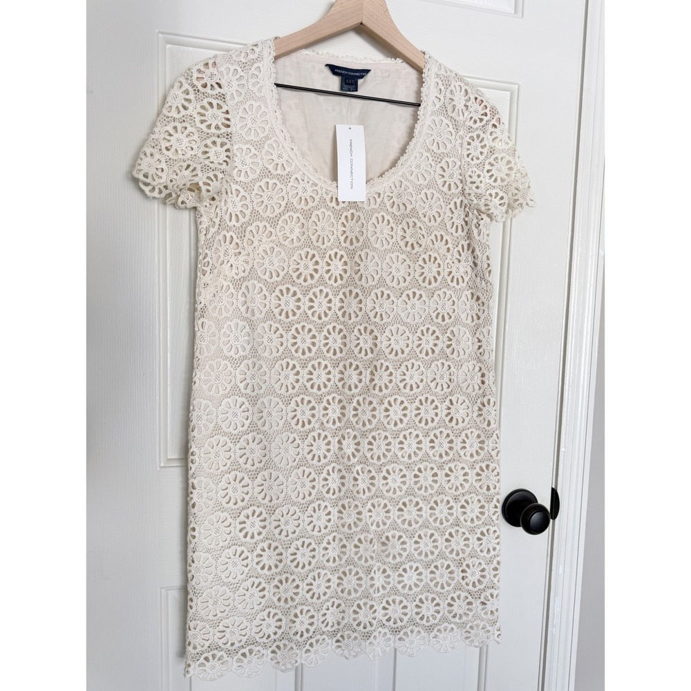 NWT French Connection 6 Cream Floral Lace Shift Dress Cotton Crochet Spring Midi